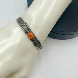 Wilson Begay Navajo Sterling Silver Orange Spiny Oyster Cuff Bracelet WB Signed
